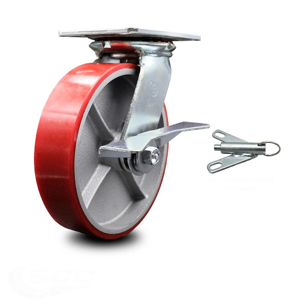 8 Inch Red Poly on Cast Iron Caster with Ball Bearing and Brake/Swivel Lock